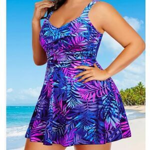 Tempt Me Blue Purple Foliage Swim Dress 1-Piece Size 16W NWT Adjustable Cups